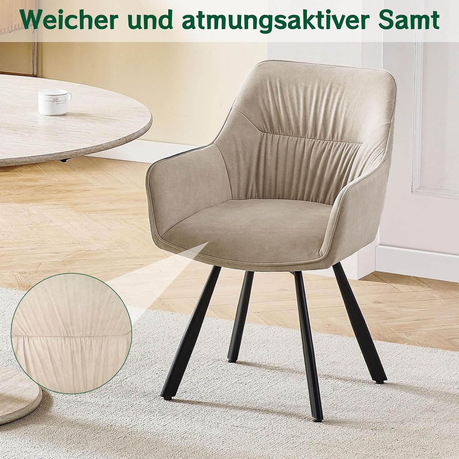 Esszimmerstuhl 4er Set drehbar, Armlehnstuhl drehbar 360°,Moderner Polsterstuhl Stuhl Samt, Stühle für Esszimmer,Küchenstuhl für Wohnzimmer, Arbeitszimmer,Schlafzimmer,Khaki