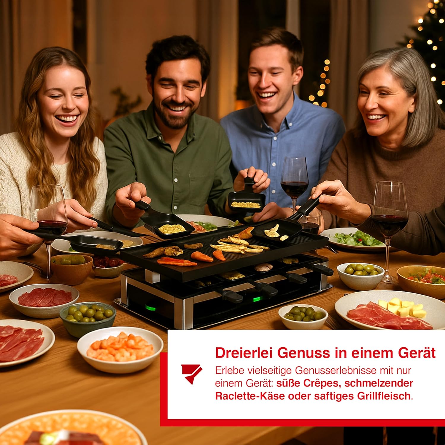 Solis 3-in-1 Combi Grill – Elektro Tischgrill mit Raclette, Grill & Crêpe-Funktion, für bis zu 10 Personen, 53x24 cm Antihaft-Grillplatte, Thermostat, inkl. Pfännchen & Schaber, PFAS-frei
