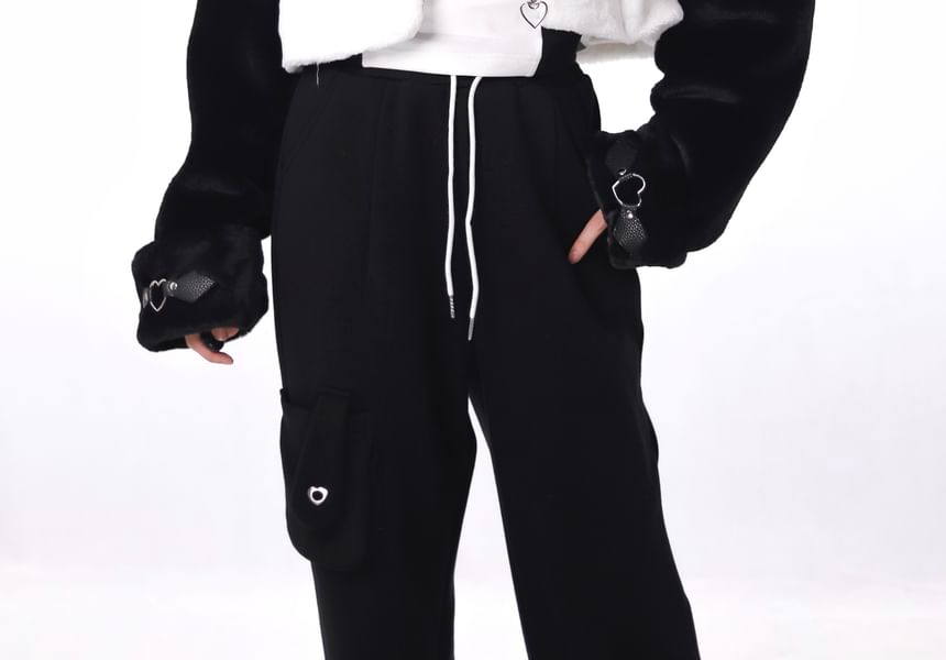 Florimi - Fleece cropped jack met kraagapplicatie en rits / Lange mouwen gebreide top met konijnenprint / Veterjack / Bootcut-broek / Broek met wijde pijpen