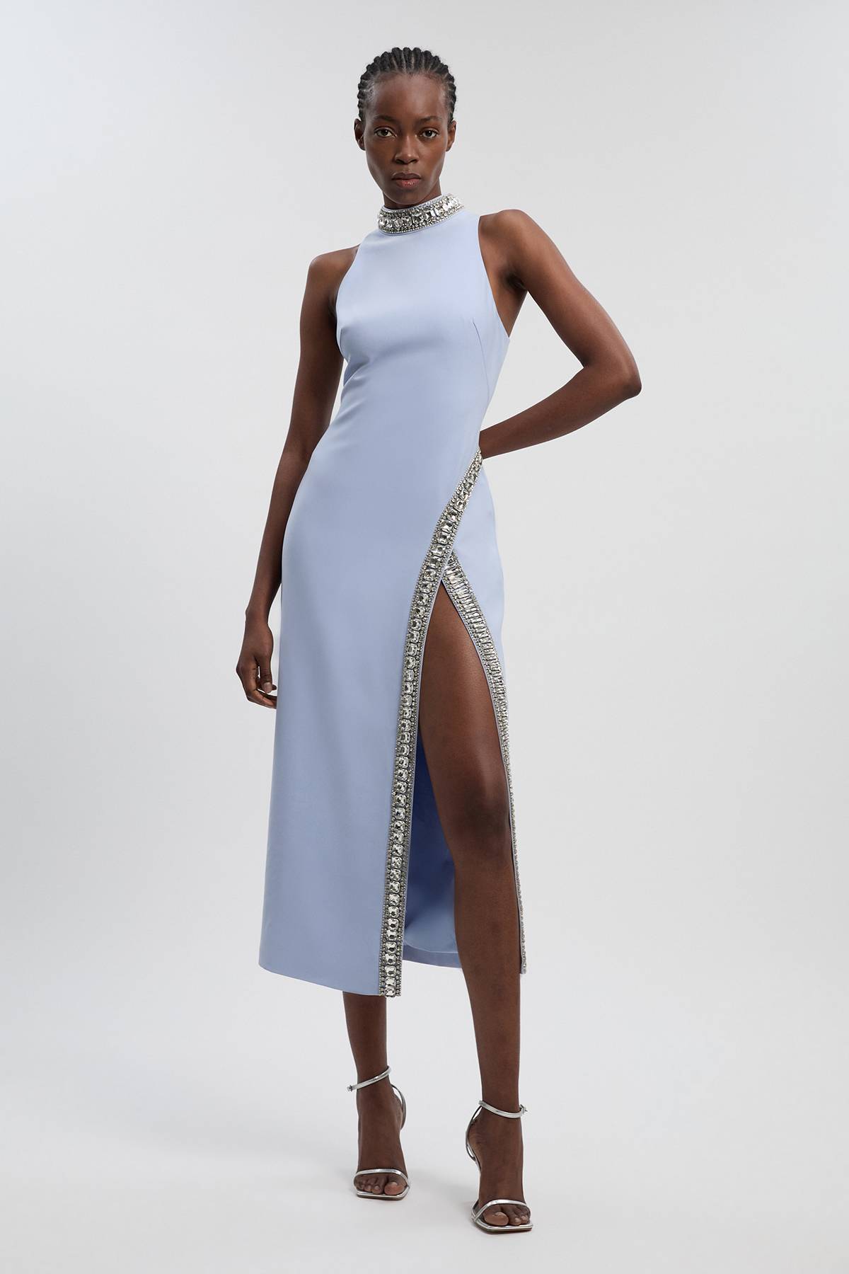 KarenMillen Robe Maxi Fendue Tissée Ornée de Cristaux Petite