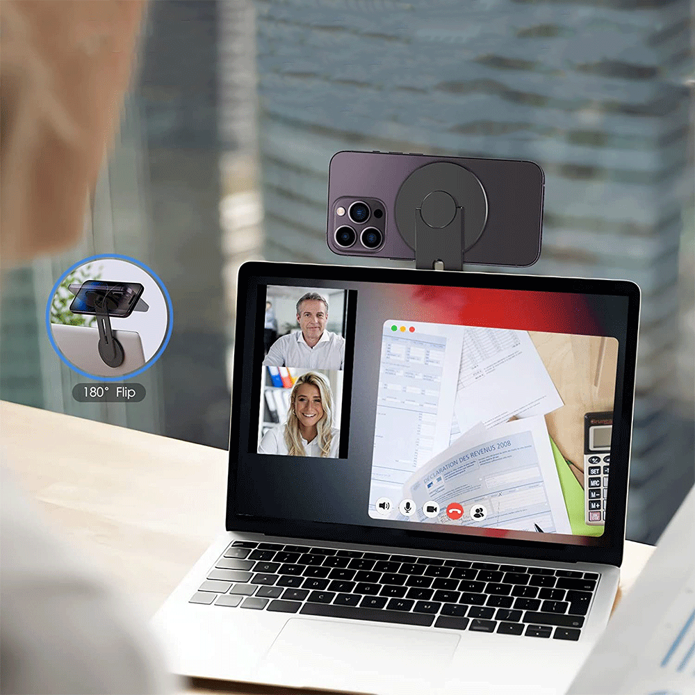 Selbstklebende Aluminium Laptop Erweiterung Magnetische Smartphone Webcam iPhone Halterung mit Magsafe inkl. Magnet Ring - Schwarz