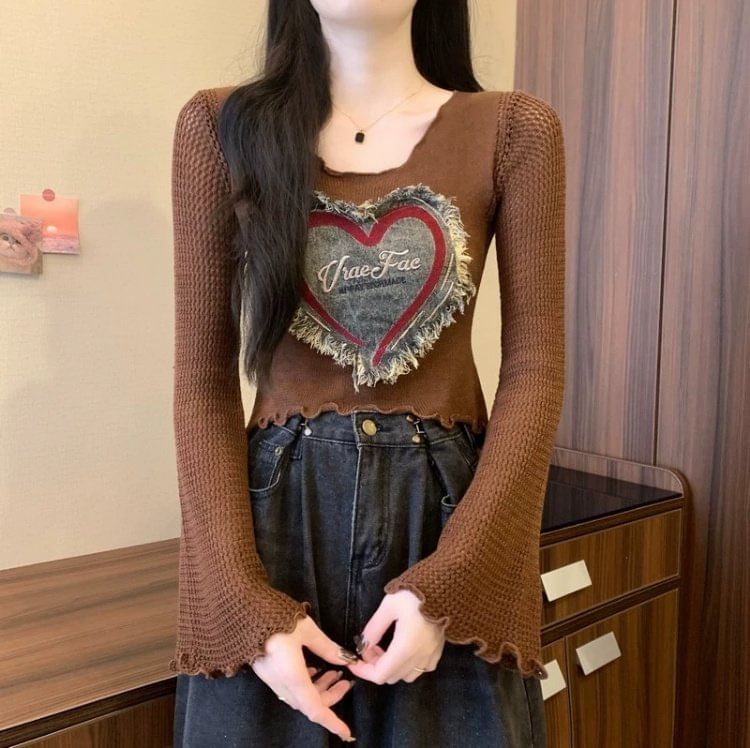 Onipixiy - Crop top met lange mouwen, ronde hals, hartjesmotief en denim patchwork met slarand