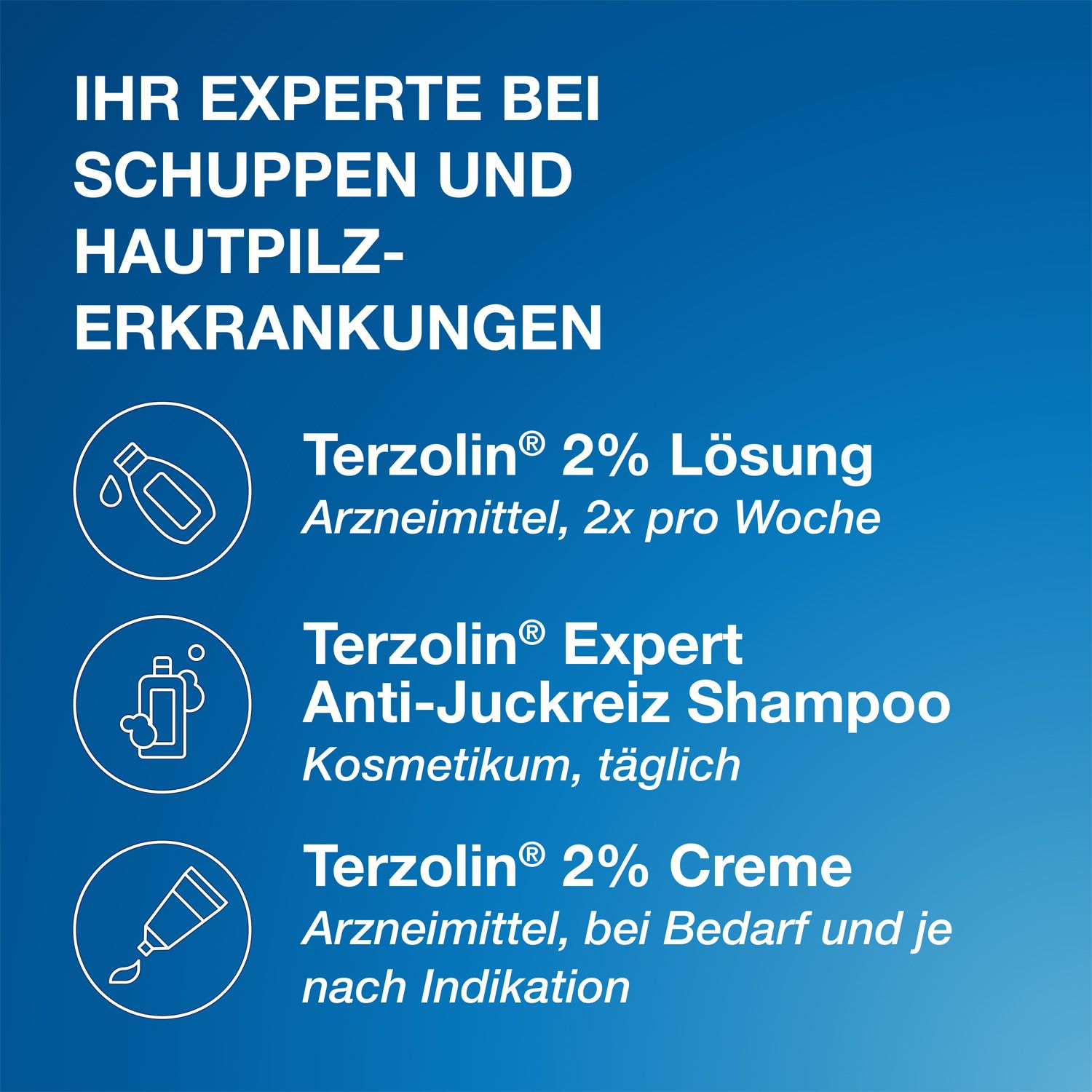 Terzolin® 2% Lösung gegen Schuppen und Juckreiz; bekämpft den Schuppenpilz auf der Kopfhaut ab der ersten Haarwäsche