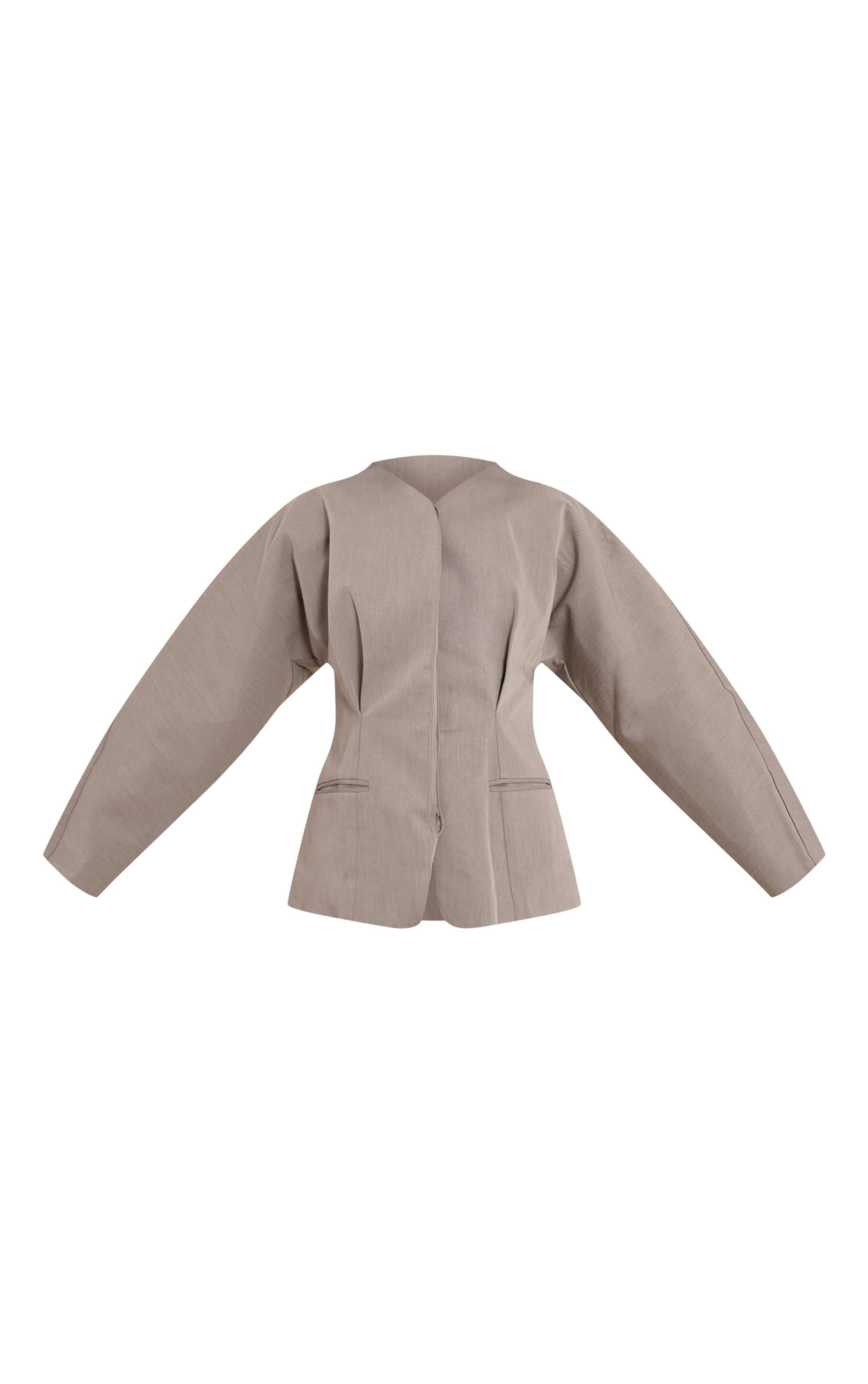 Gris Clair Blazer Ajusté Sans Col En Tissu Tissé Premium Avec Ensemble Coordonné