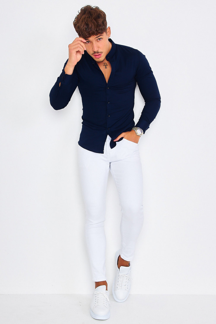 Chemise à col officier bleu marine