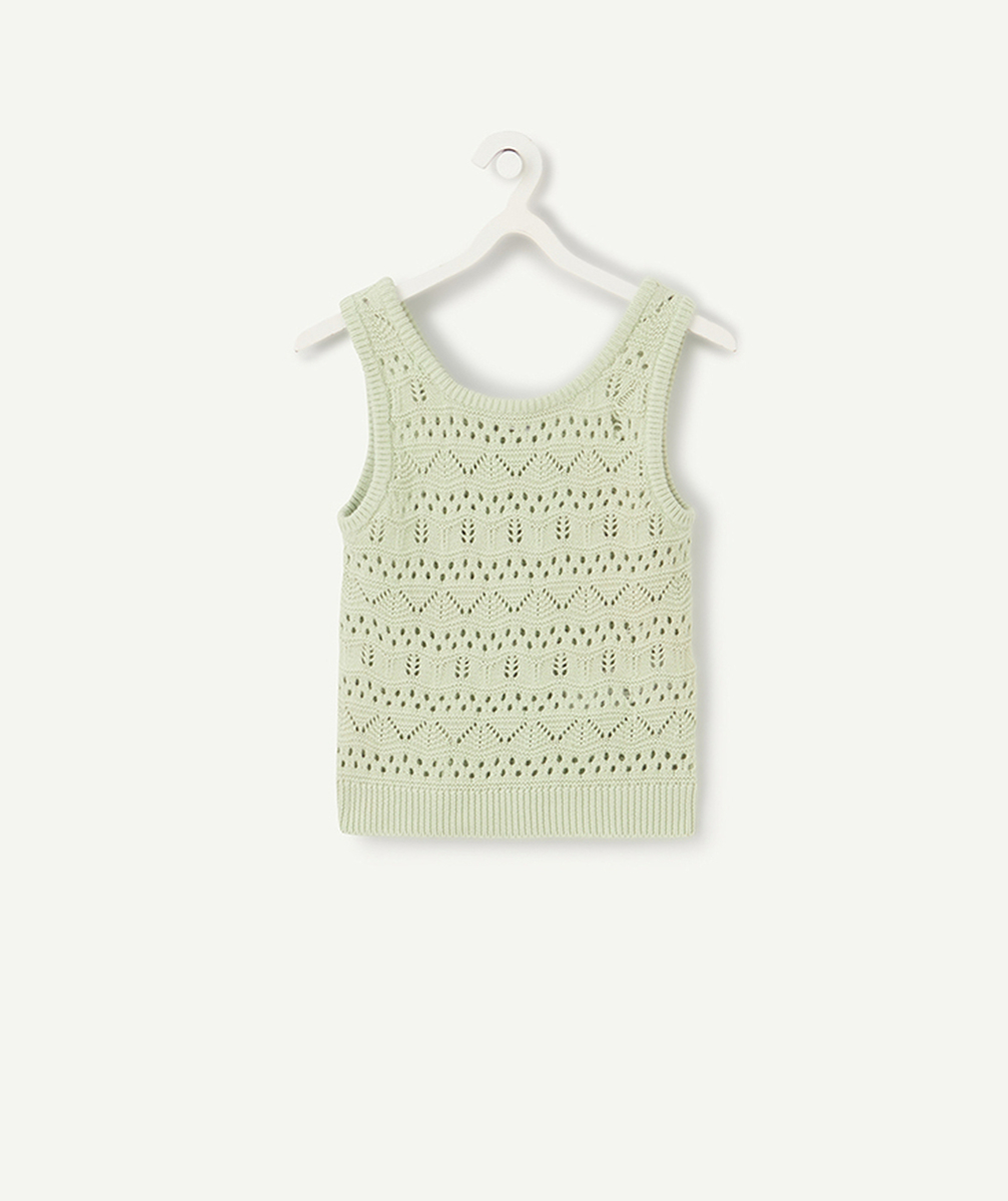 pull sans manches fille en tricot ajouré vert pastel