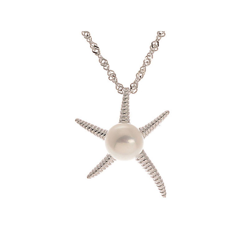 Pendentif Femme Etoile de Mer Perle de culture d'eau douce Blanche et Argent 925/1000
