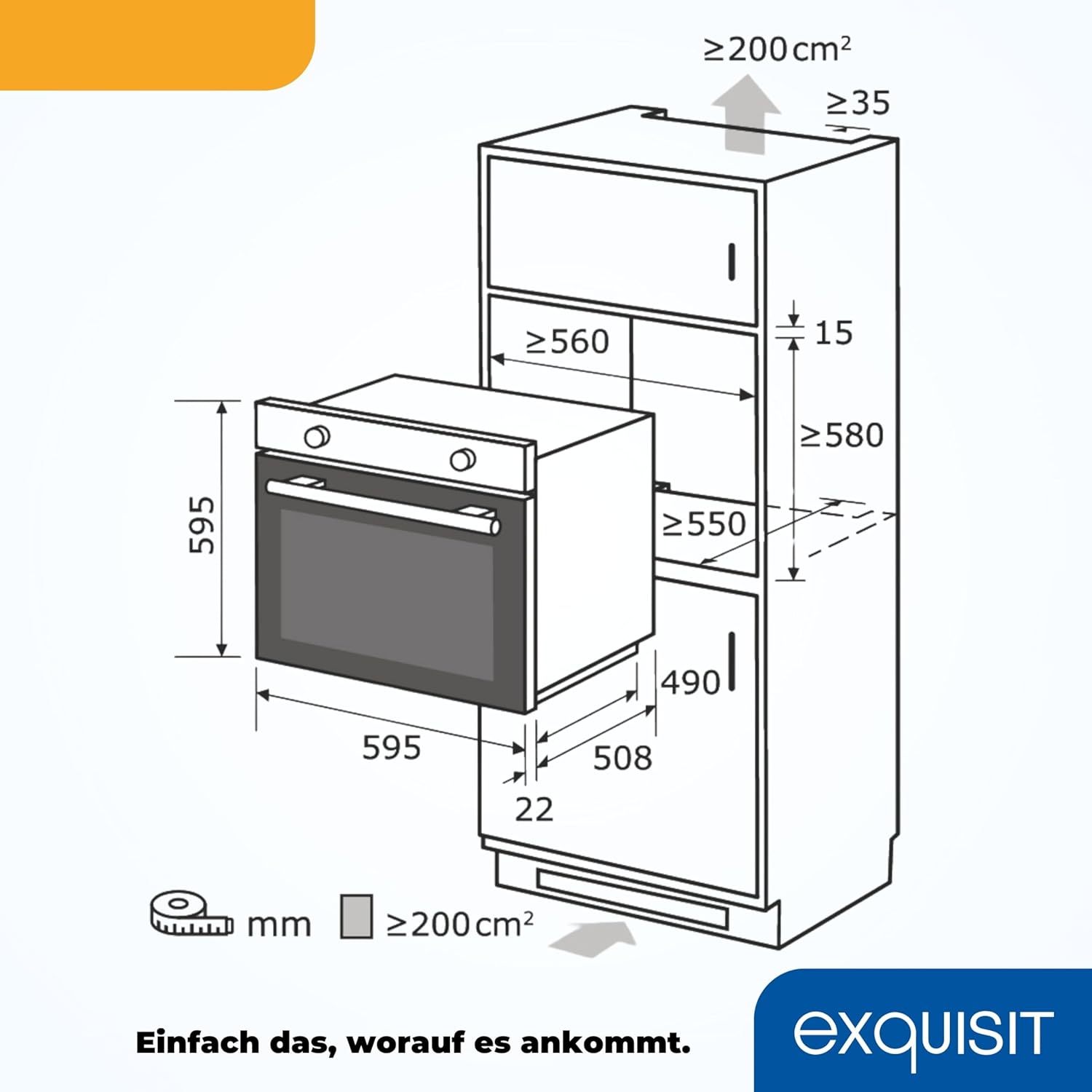 Exquisit EBE 65-1H Einbaubackofen | 58 Liter Backofenvolumen | Heißluft | Timer | versenkbare Knebel | Edelstahl