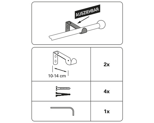Uitschuifbare wandbeugel, enkel spoor, voor Memphis, zwart, Ø 16 mm, 10-14 cm lang, 2 stuks.