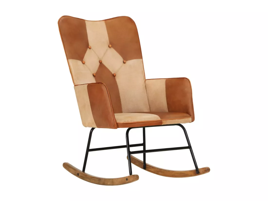 Chaise à bascule Marron Cuir véritable et toile