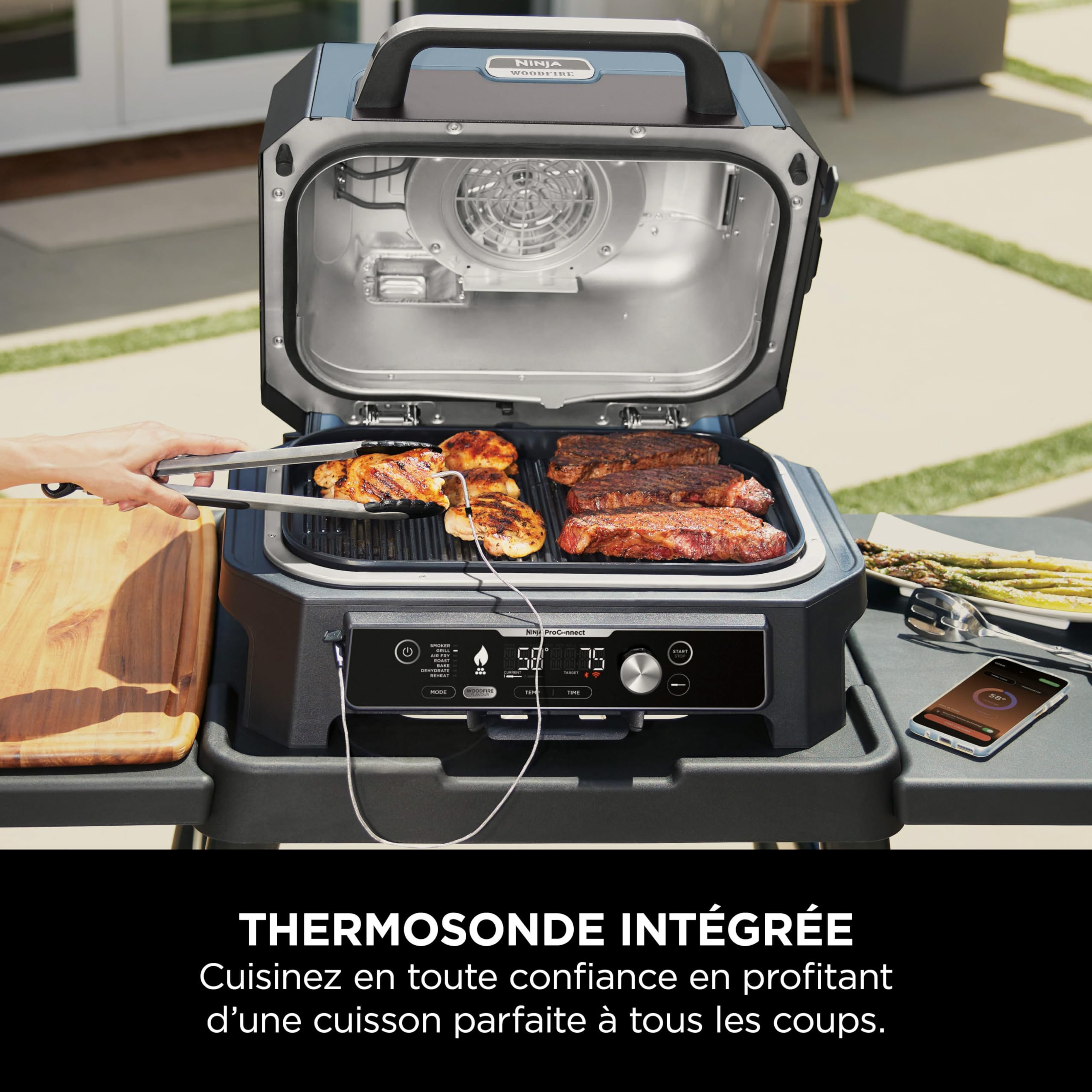 Ninja Woodfire Pro Connect XL Barbecue Électrique & Fumoir avec Contrôle d'Application, 2 Sondes, Grille, Housse, Revêtements & Brosse, Grill & Friteu