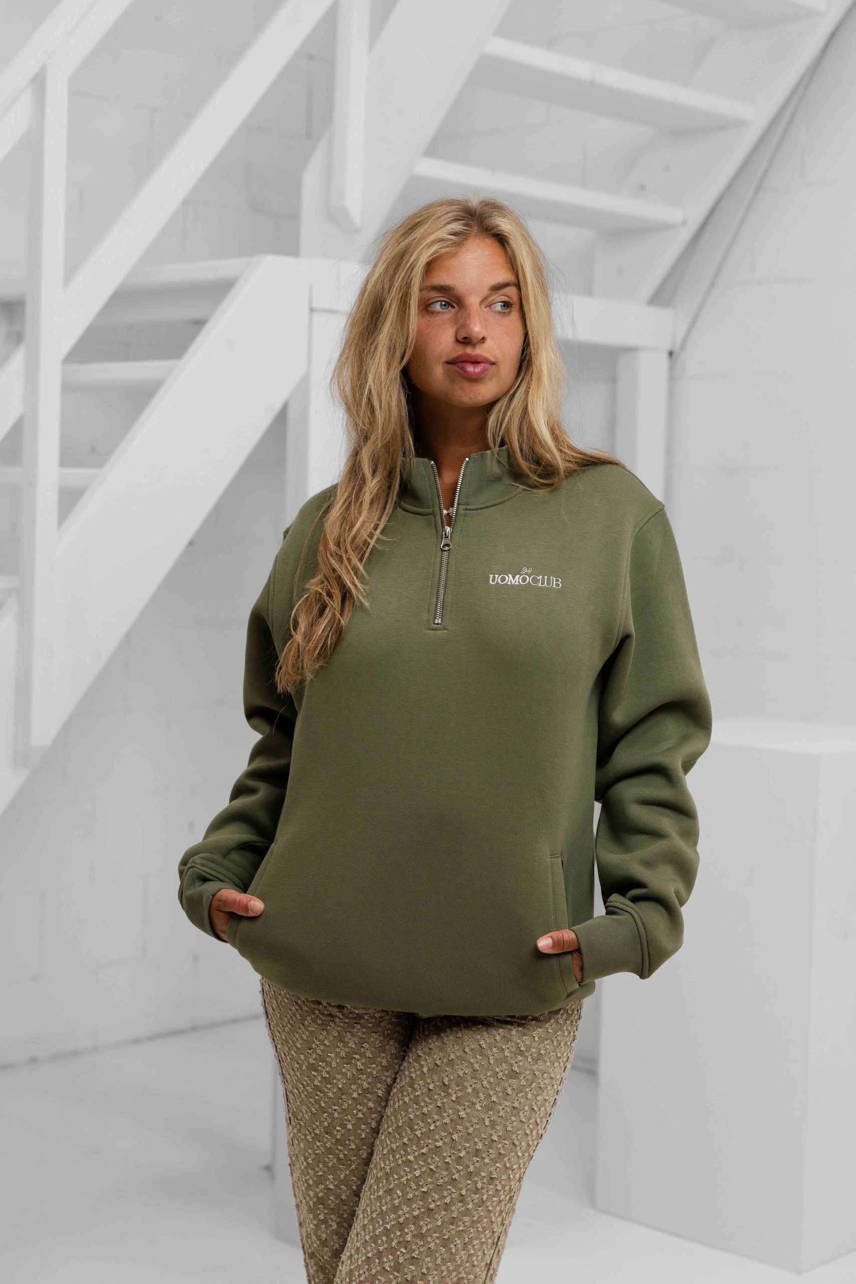 24 Uomo Club Half Zip Sweater Dames Army