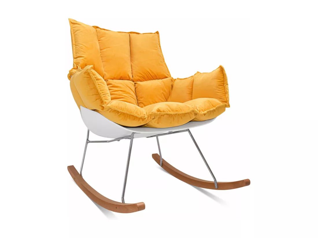 Santiago - Fauteuil à bascule design en Pp et bois de pin. Fauteuil à bascule Delia en velours jaune avec coussin rembourré et matelassé