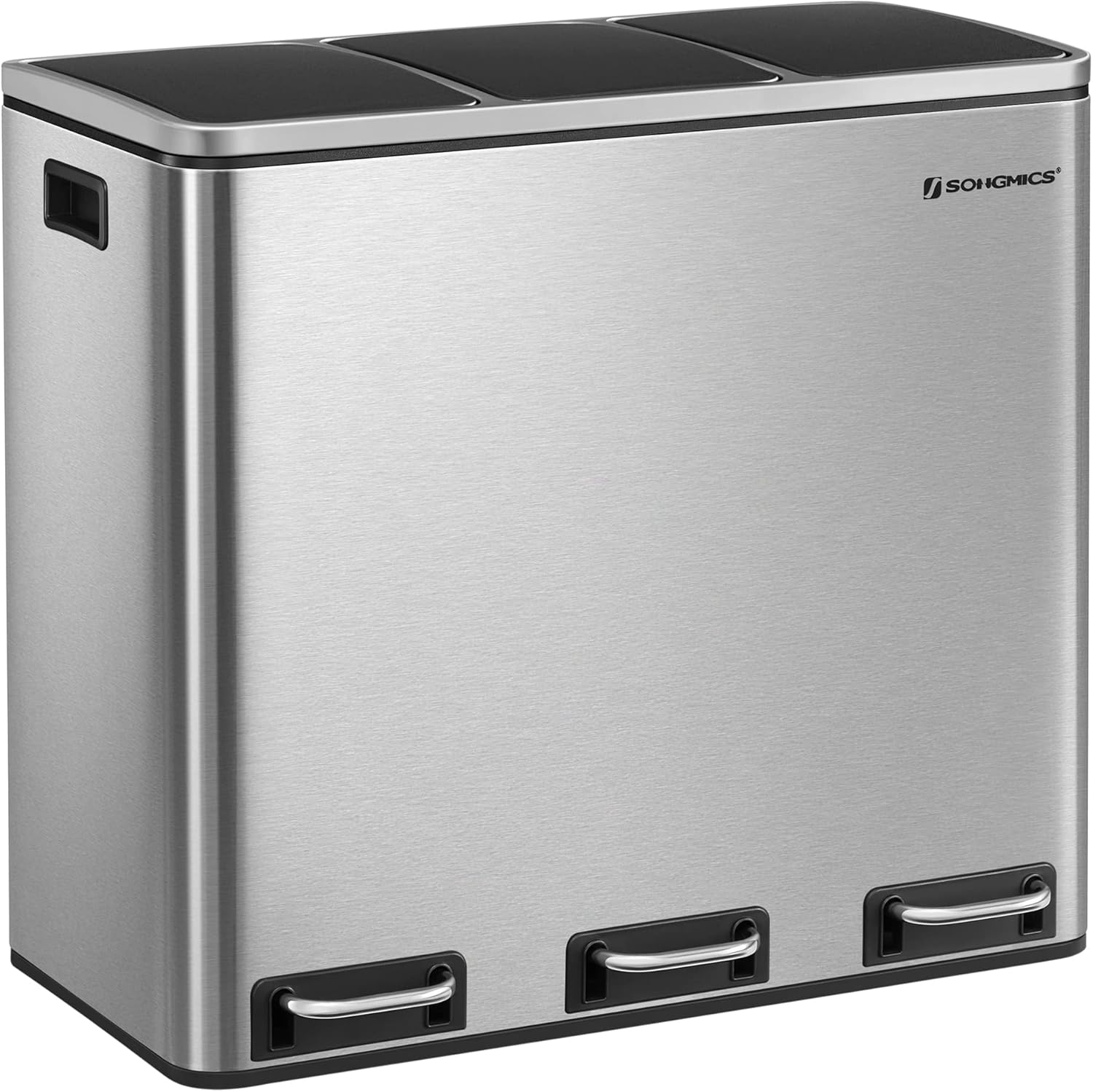 SONGMICS Mülleimer Küche, 3 x 18 L, Mülltrennsystem 3 Fächer, inklusive 15 Müllbeutel, Abfalleimer, Treteimer, für recycelbare Abfälle, Biomüll, mit Deckel, metallicsilber-tintenschwarz LTB54NL