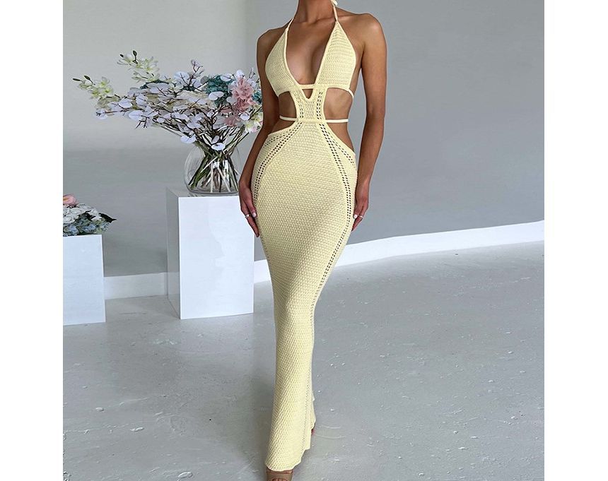Puffields - Halter Cut Out Effen Maxi Bodycon Jurk