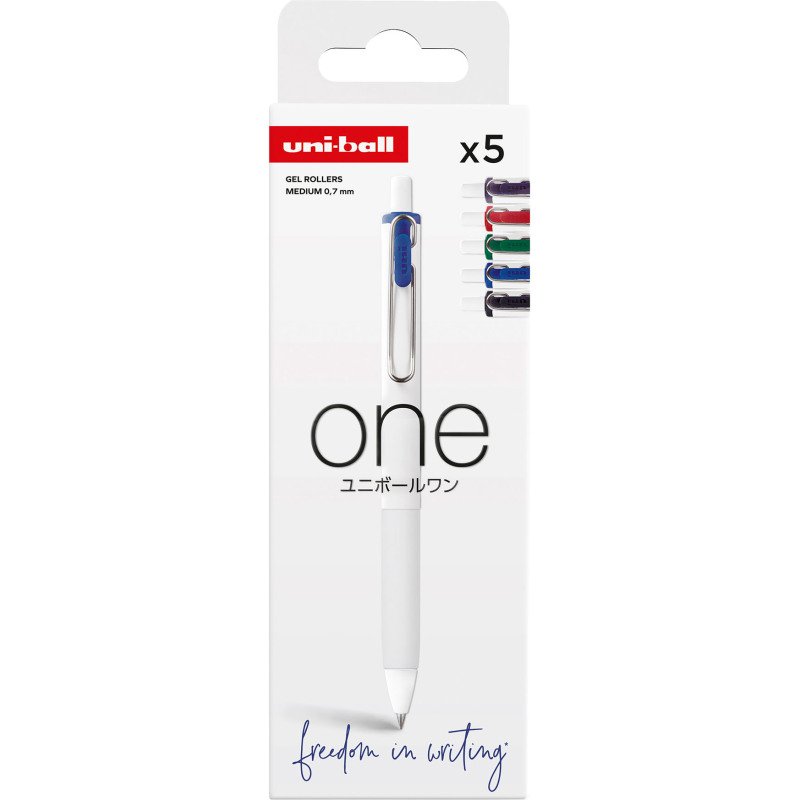 Stylo roller Uni Ball One écriture moyenne - Pochette de 5 couleurs classiques