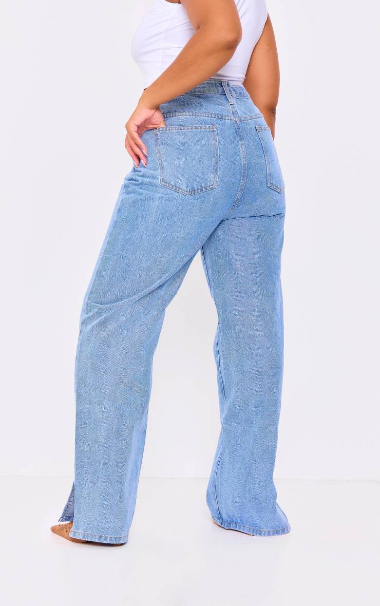 Light Blue Wash Jean Grande Taille À Ourlet Fendu