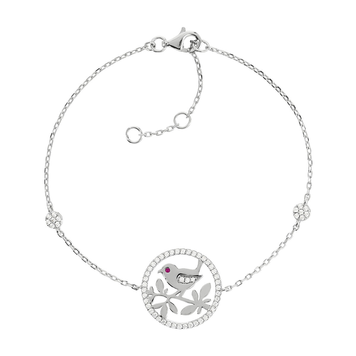 Bracelet argent 925 oiseau zirconias blancs et rouge 21 cm