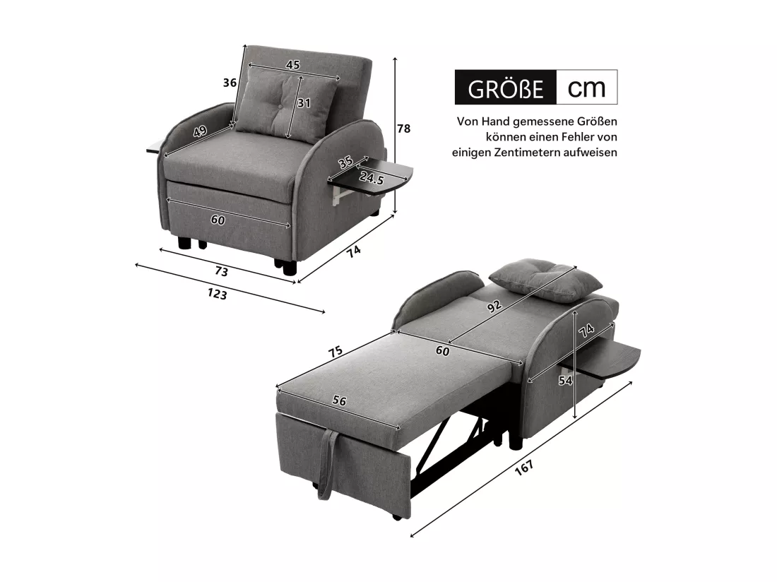 Canapé-lit simple multifonctionnel – avec fonction lit, chaise longue et fauteuil, canapé-lit réglable en trois positions, tables à thé pliantes