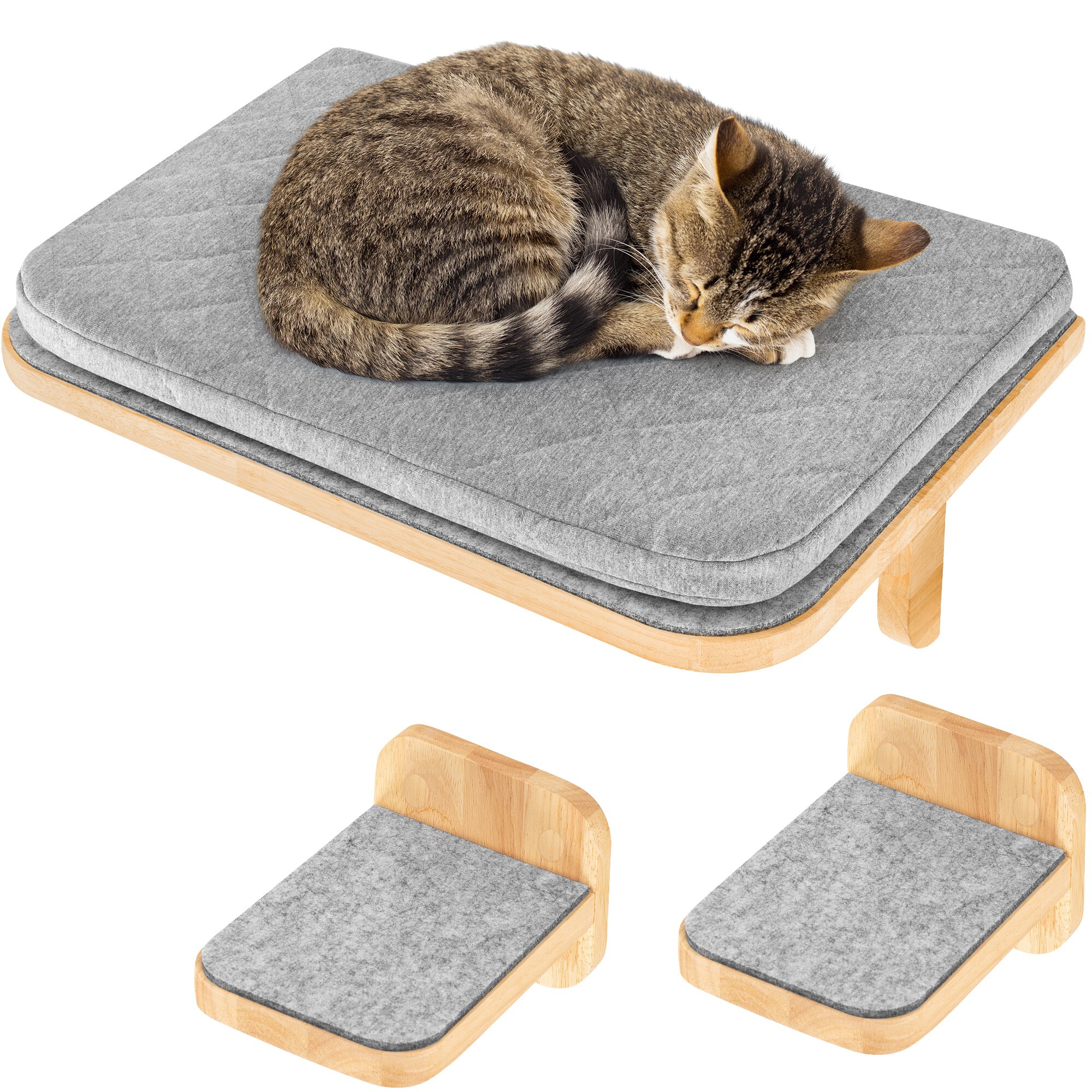 HAPPYPET Katzen Kletterwand Set 3-teilig für große Katzen– Wandkratzbaum mit Katzenbett, inkl. 4 x Katzenstufen Luxus Katzenwand Stabil, Katzenregal aus Massivholz, belastbar bis 45 Kg |2 Stufen M Kletterwand Set 2 M