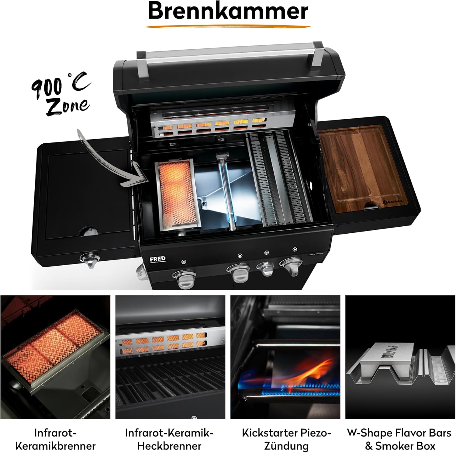 BURNHARD® Gasgrill 3-Brenner inkl. BACKBURNER, 900°C Infrarot-Keramikbrenner, Seitenkochfeld, Gusseisen-Grillrost, Grillabdeckung, Grillwagen, klappbare Seitentische, Schwarz – FRED Deluxe
