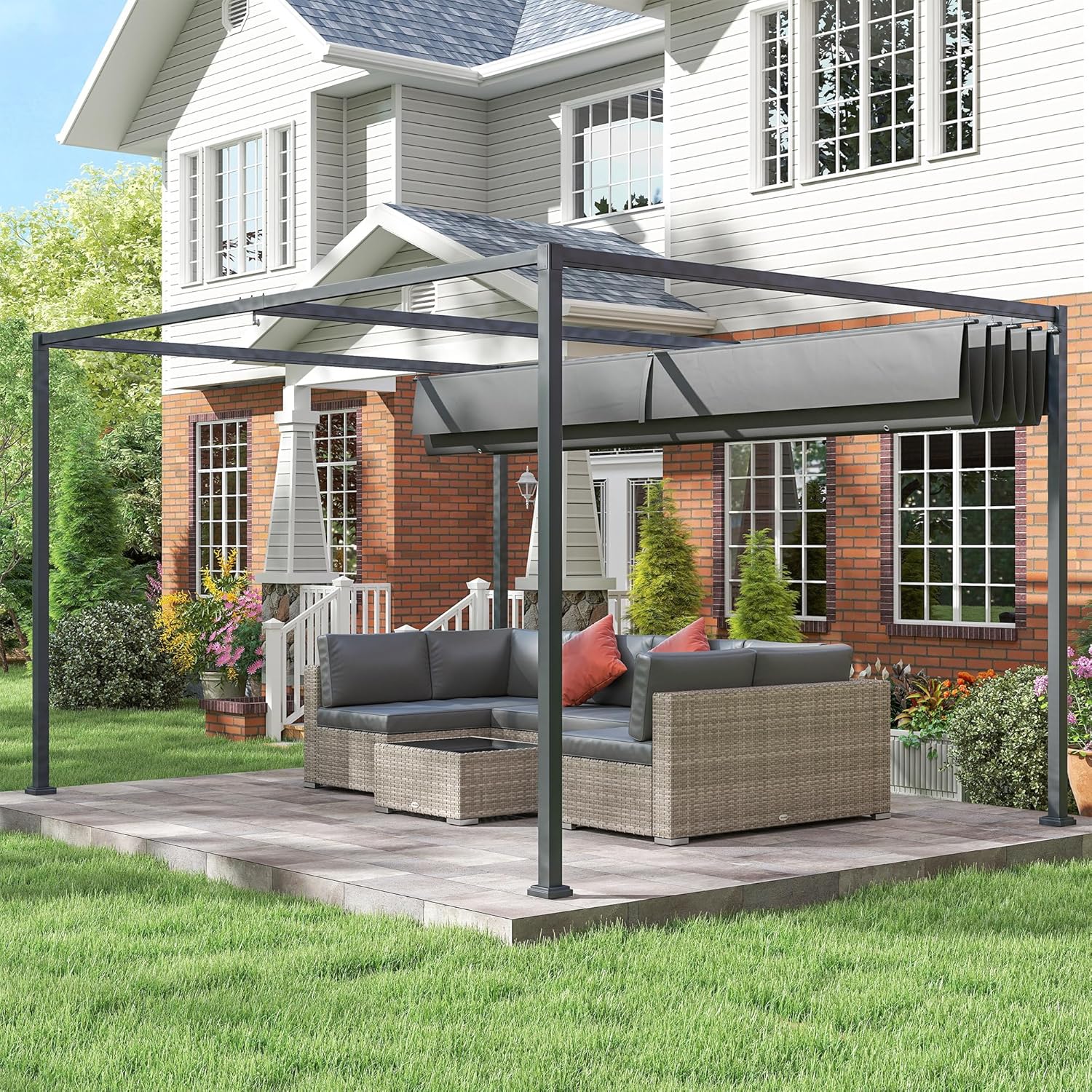 Outsunny Pergola 4x3m Garten Pavillon, Terrassendachung aus Stahl, Gartenpavillon mit verstellbares Dach, Freistehend, Sonnenschutz für Terrasse und Garten, Dunkelgrau