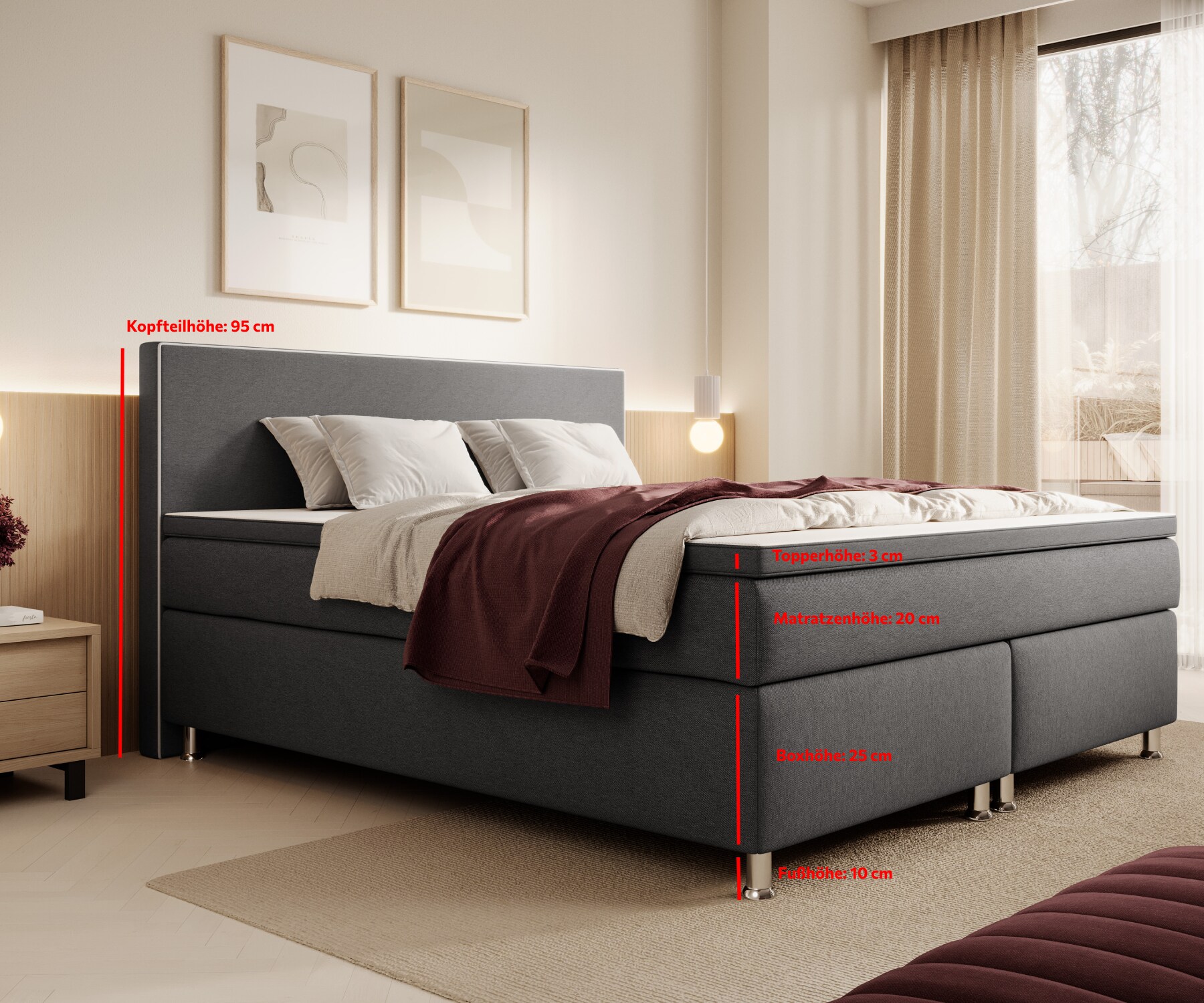 Inter Handels Boxspringbett Gent - versch. Ausführungen - 140x200cm Anthrazit TFK