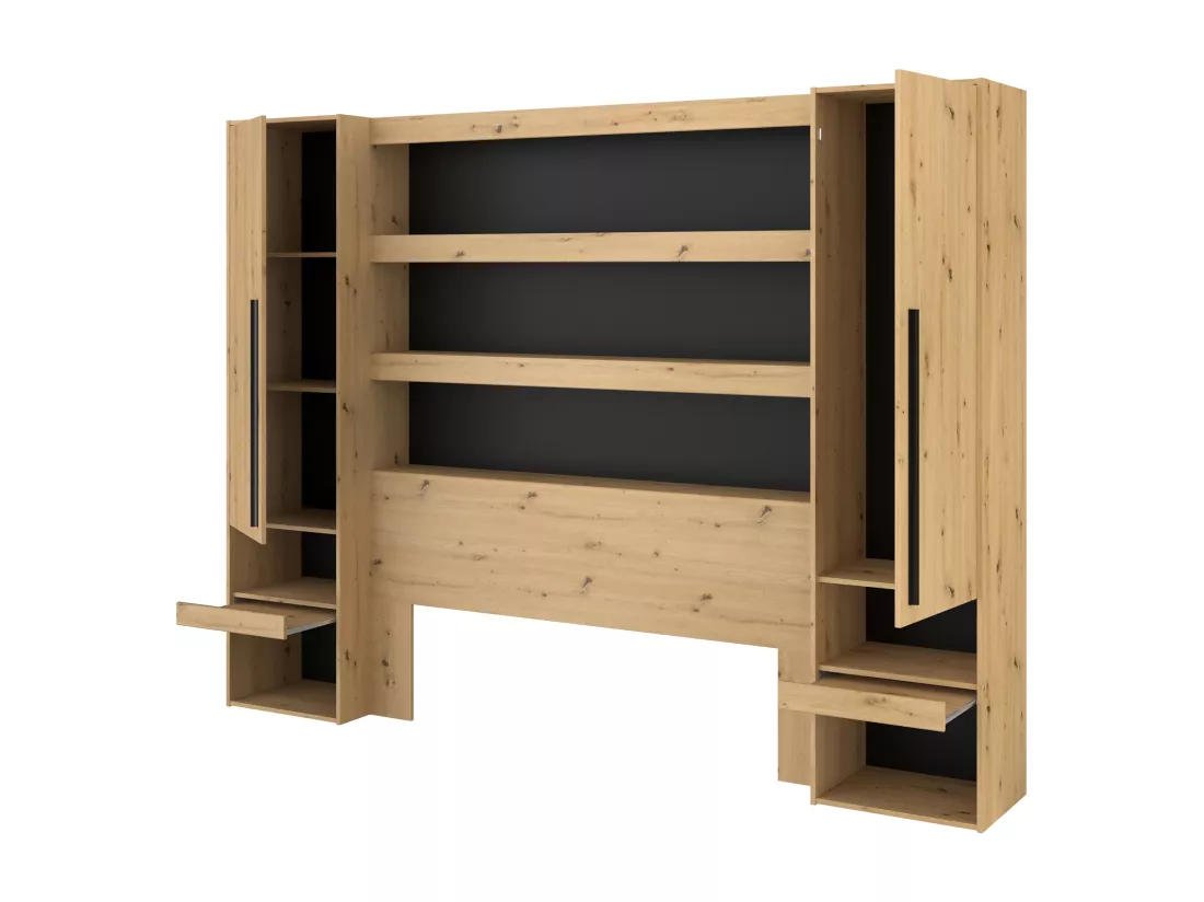 Pont de lit avec rangements et LEDs - L269 cm - Coloris : Naturel et noir - VARLY
