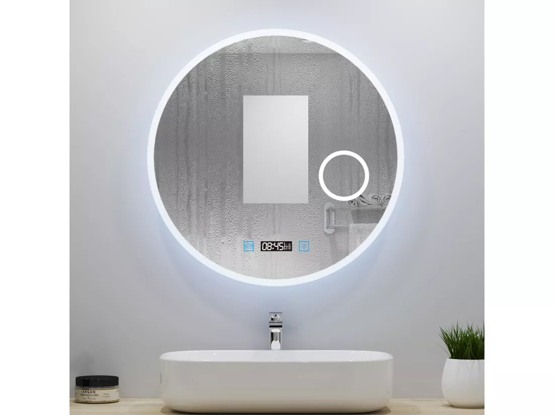 Miroir lumineux Rond 80cm avec Horloge + 3 Couleurs + Dimmable + Anti-buée + grossissant 3x