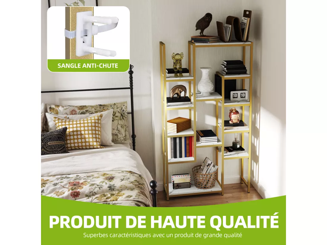YITAHOME Bibliothèque à 6 Niveaux, Étagère Moderne avec 12 Pièce, Rangement Ouvertes pour maison, Or et Blanc