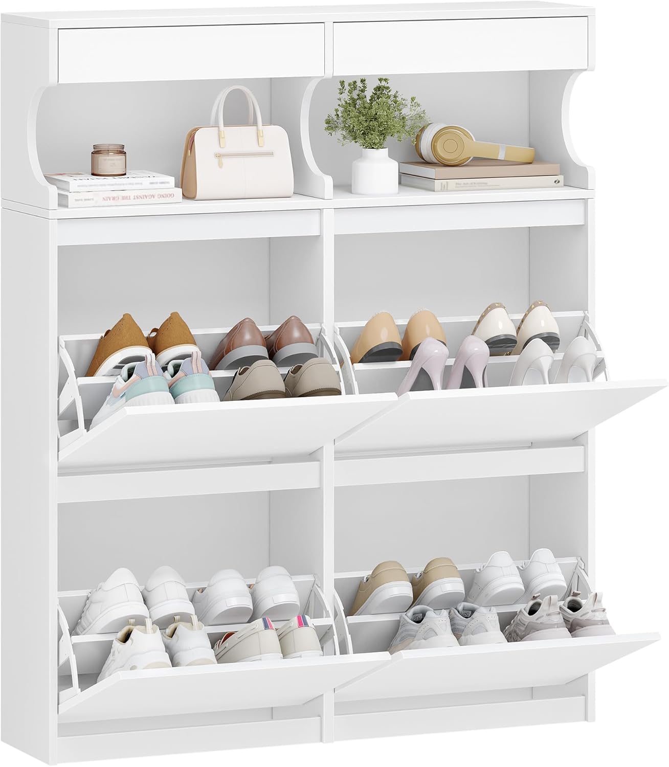 Hzuaneri Schuhschrank, Schuhregal Schuhkipper Schmal, Verstellbar, Schuhkommode für Eingang, Flur, Garderobe, 20 Paar, 4 Klappen (100B cm), Weiß SR56703X