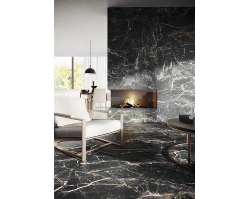 Porseleinen wand- en vloertegel Marquina 119,7 x 59,7 x 0,8 cm goud gepolijst gerectificeerd