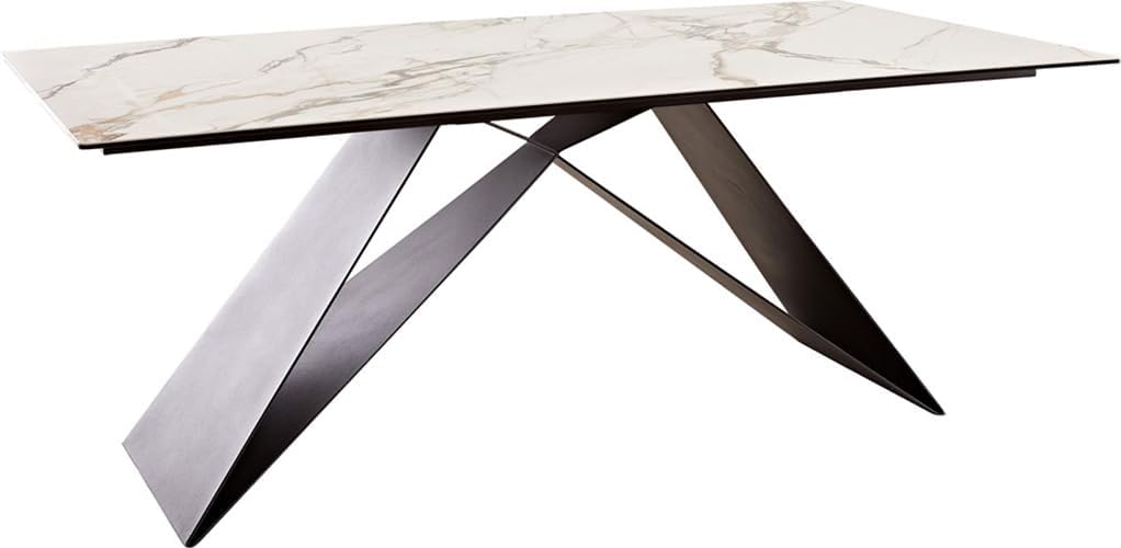 DELIFE Esszimmertisch Edge Keramik Calacatta Luxe Weiß-Gold-Grau 200x100 V-Gestell Flachstahl Schwarz