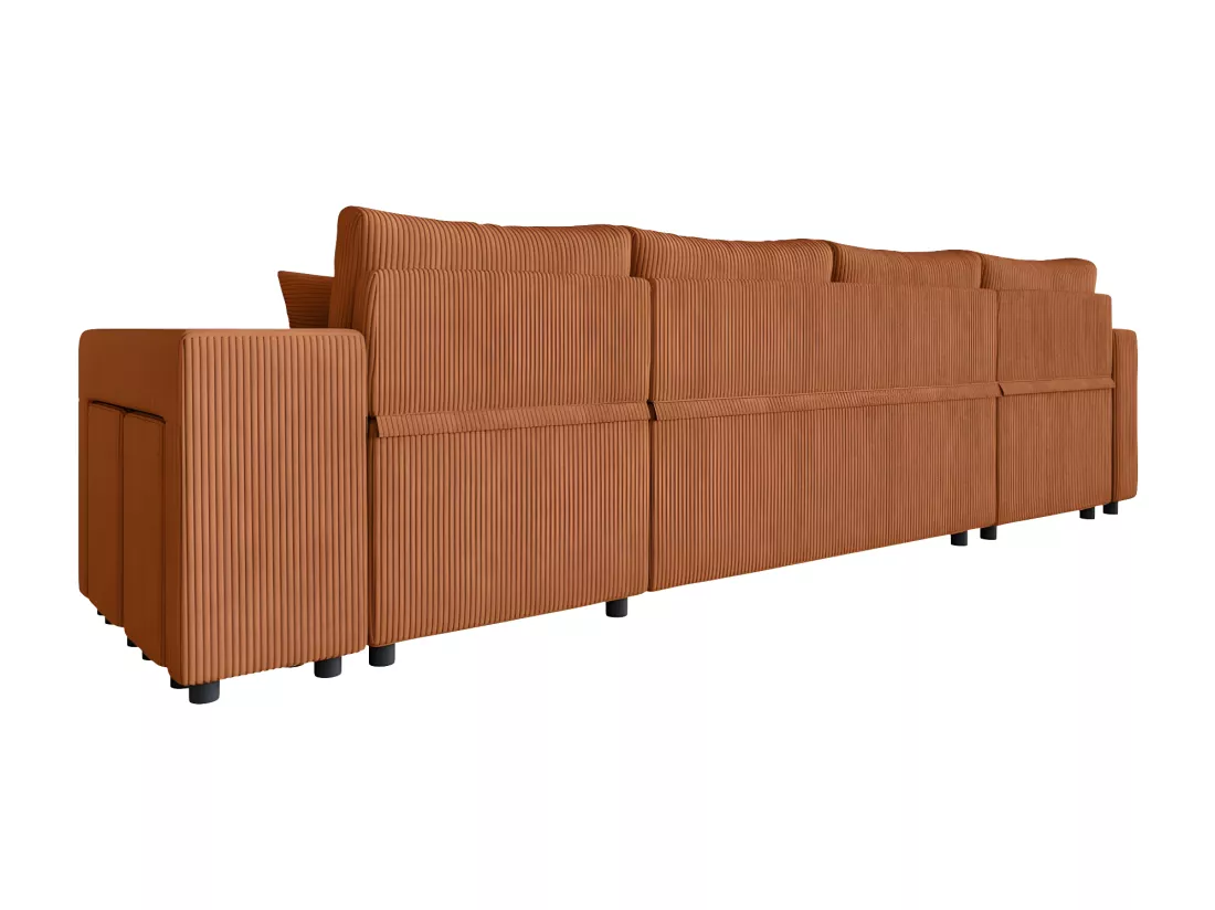 Canapé panoramique Oslo convertible avec 2 coffres, 2 poufs à droite en velours côtelé terracotta - L311 x P146 x H81cm - Loungitude