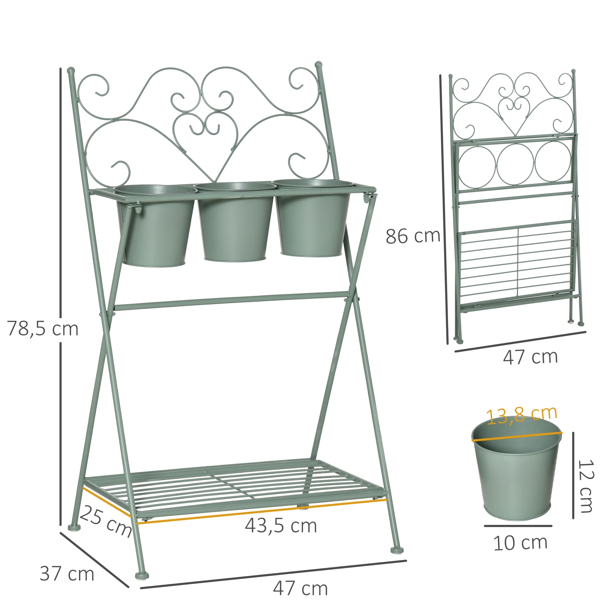 Suporte dobrável de metal para plantas Outsunny com 3 vasos de flores inclusos e prateleira inferior, suporte decorativo para vasos de flores para uso interno e externo, 47x37x78,5 cm, verde