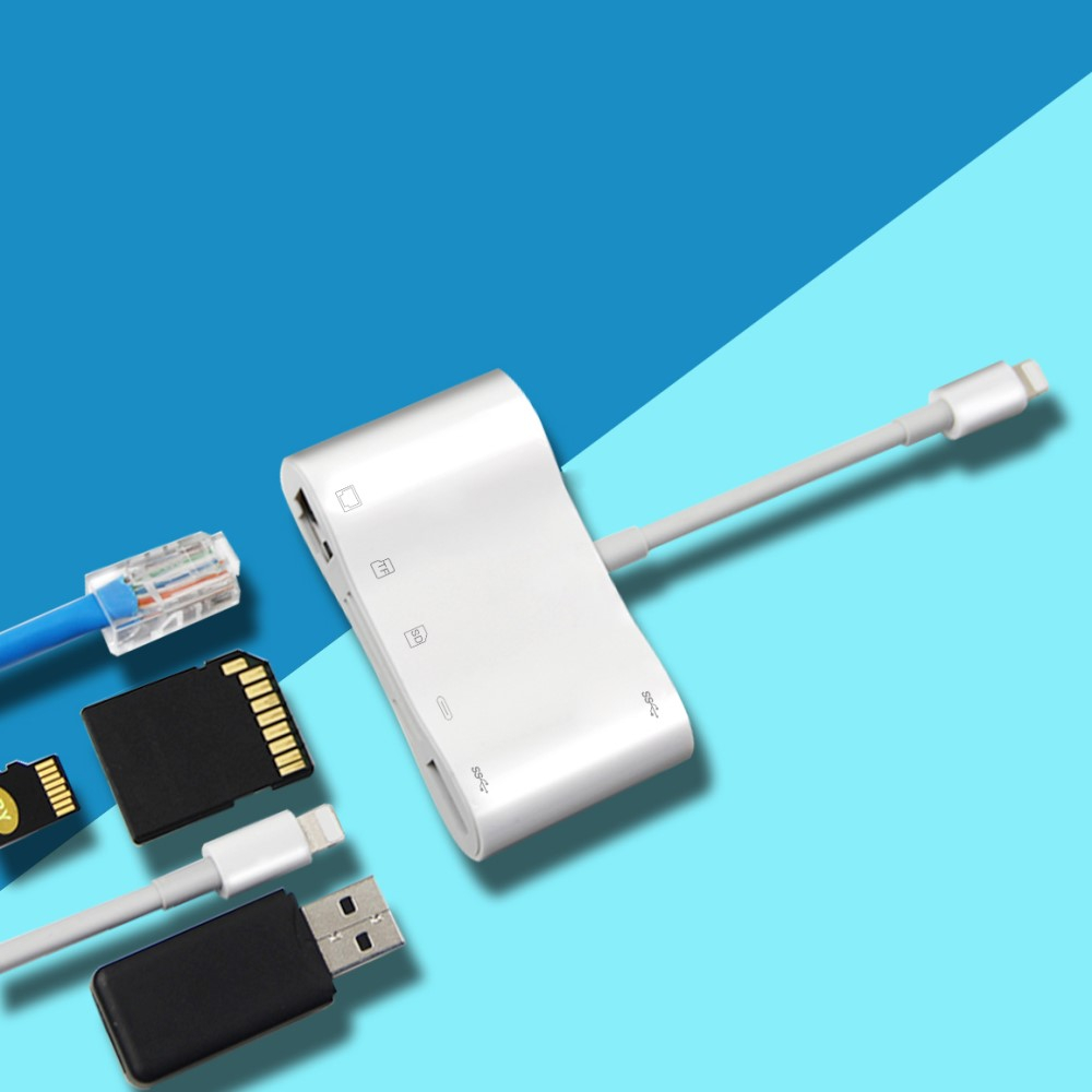 Lightning auf USB A Kamera / Ethernet LAN RJ45 (10/100 Mbits) Adapter   SD / Micro SD Kartenlesegerät / Ladeanschluss für Apple iPhone / iPad - Weiss
