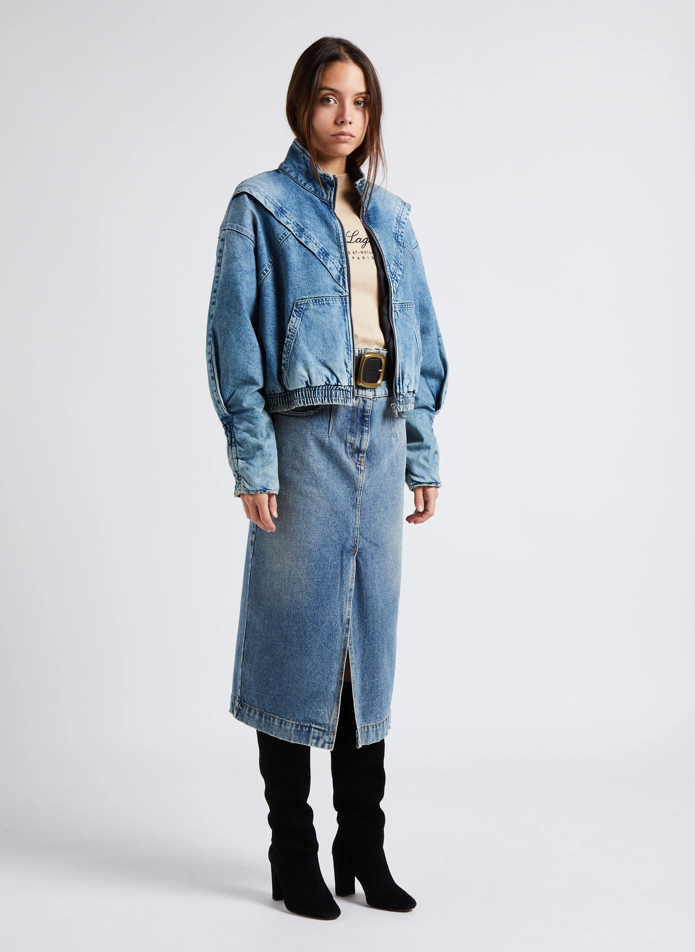 LETALA - Jupe midi en jean en coton | Bleu