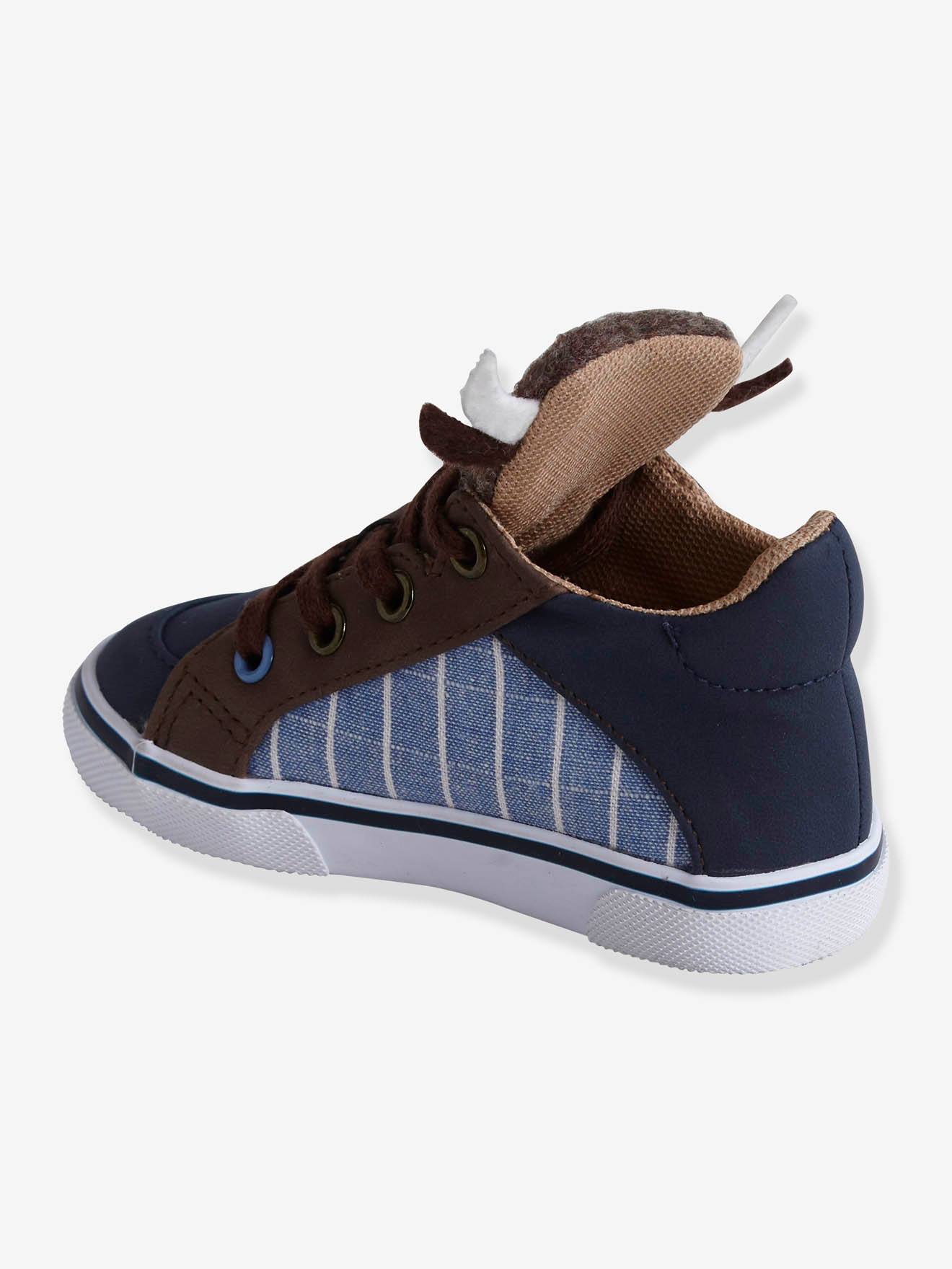 Tênis de cano alto com lingueta, estampa de búfalo, azul médio, liso com detalhes, para bebês meninos