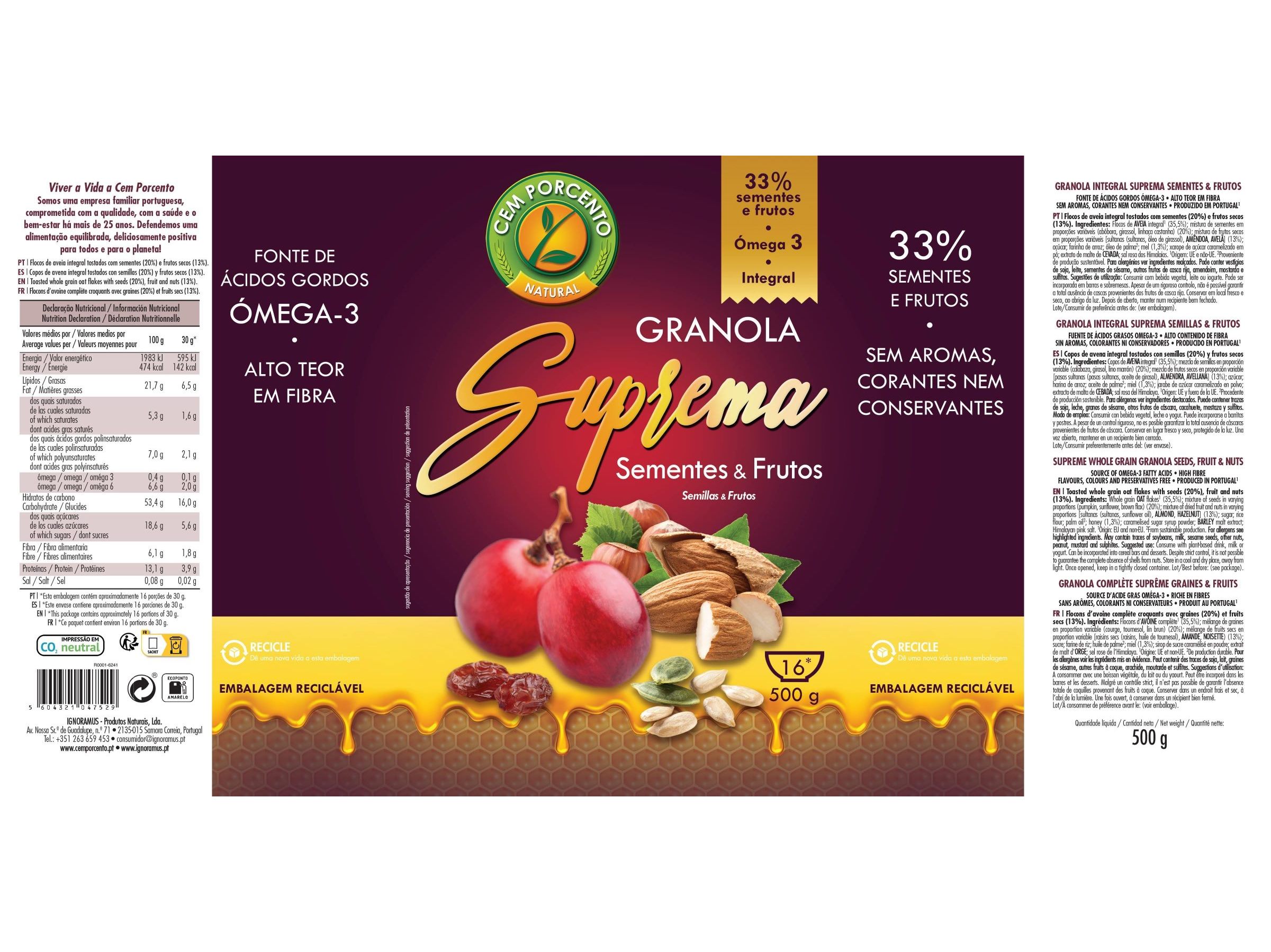GRANOLA CEM PORCENTO SUPREMA SEMENTES & FRUTOS 500 G