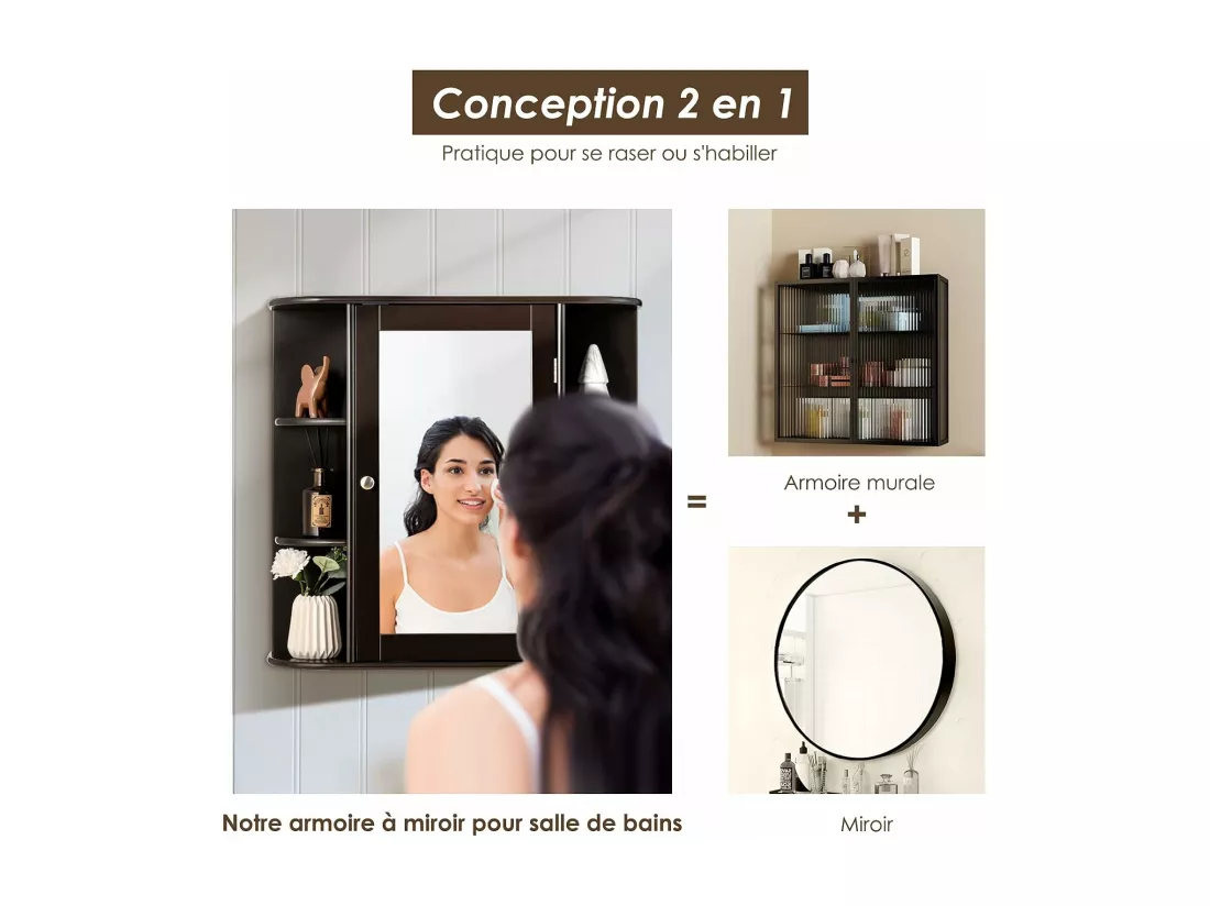Armoire murale de salle de bains avec miroir avec etagères réglables et compartiments ouverts armoire à pharmacie