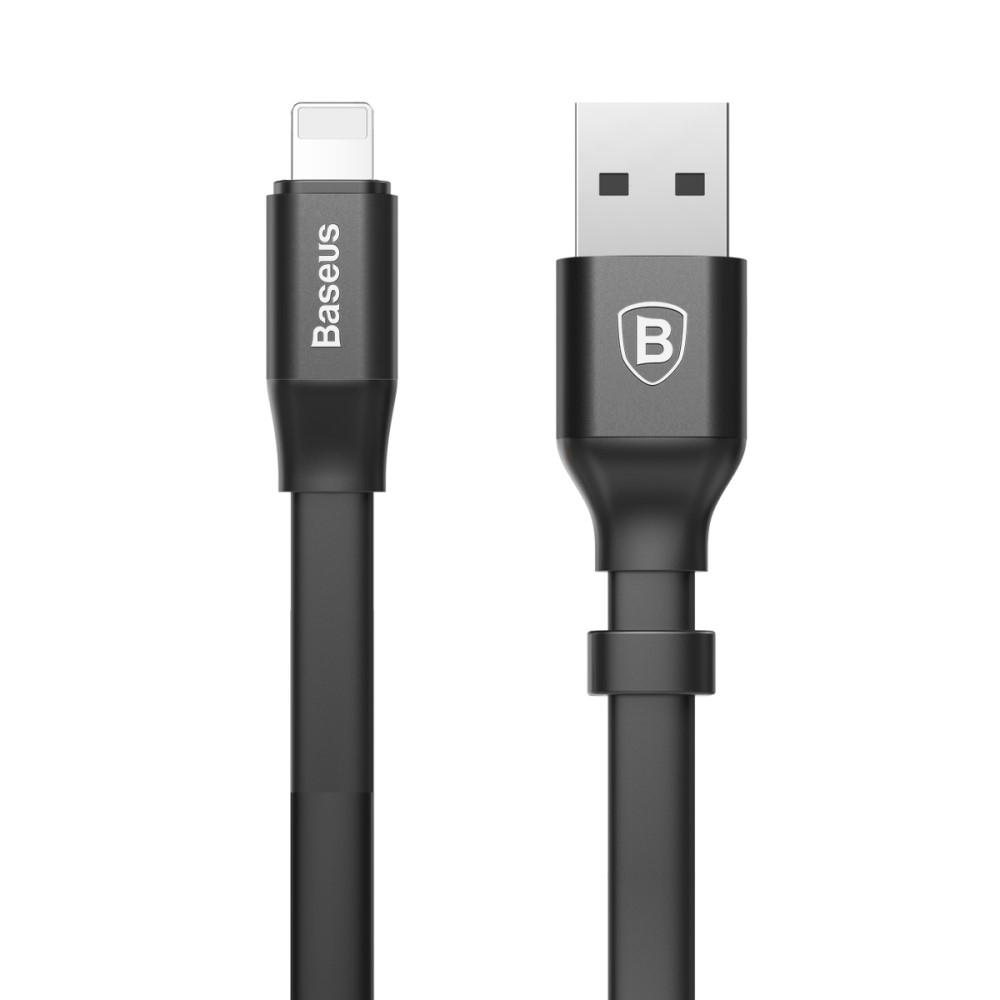 (23cm) 2A Lightning USB Flachband Mini Ladekabel - Schwarz