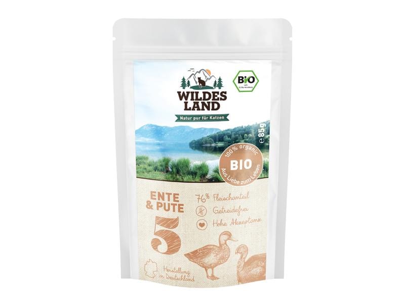 Wildes Land Nassfutter Adult BIO Ente & Pute 85 g Hochwertiges Biofutter mit Ente, Pute mit Distelöl