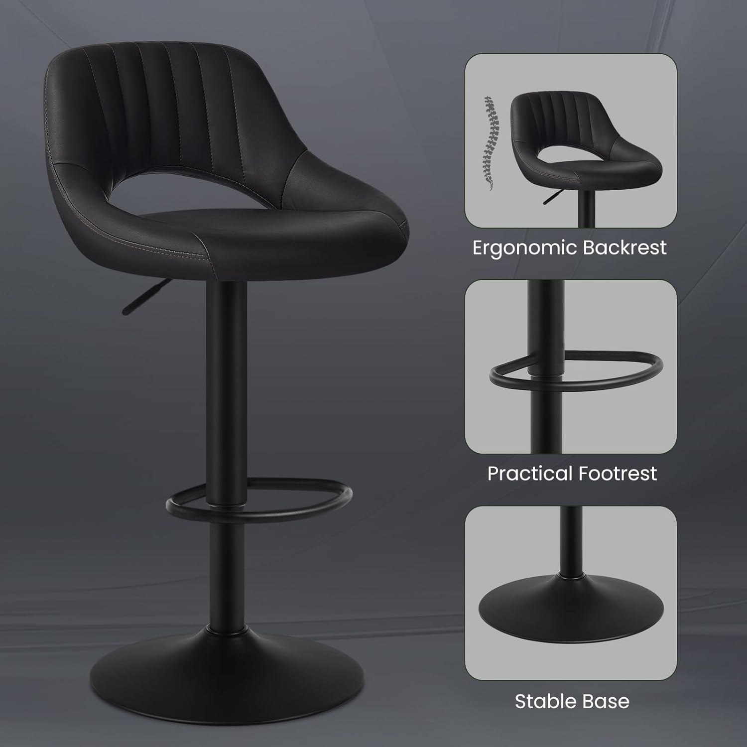 EUGAD 2X Barhocker Designer Hocker Tresenhocker Bistrohocker 360° drehbar stufenlos höhenverstellbar mit Rückenlehne aus Kunstleder und Stahl Anthrazit, 0666BY-2
