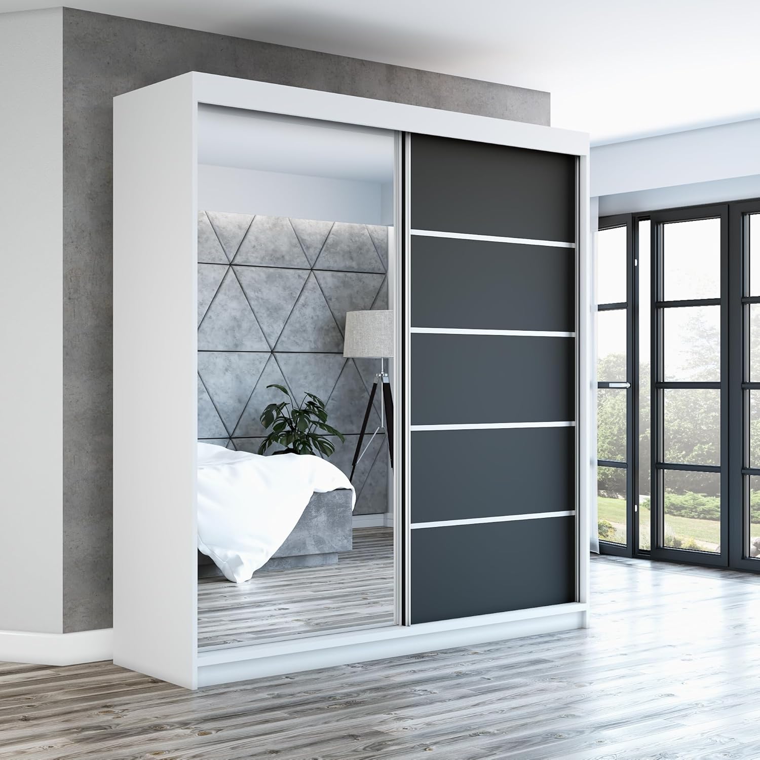 A&J MöbelLand Schwebetürenschrank GAPI Kleiderschrank 2-türig mit Spiegel, Garderobe 160 cm (Weiß/schwarz/schwarz)