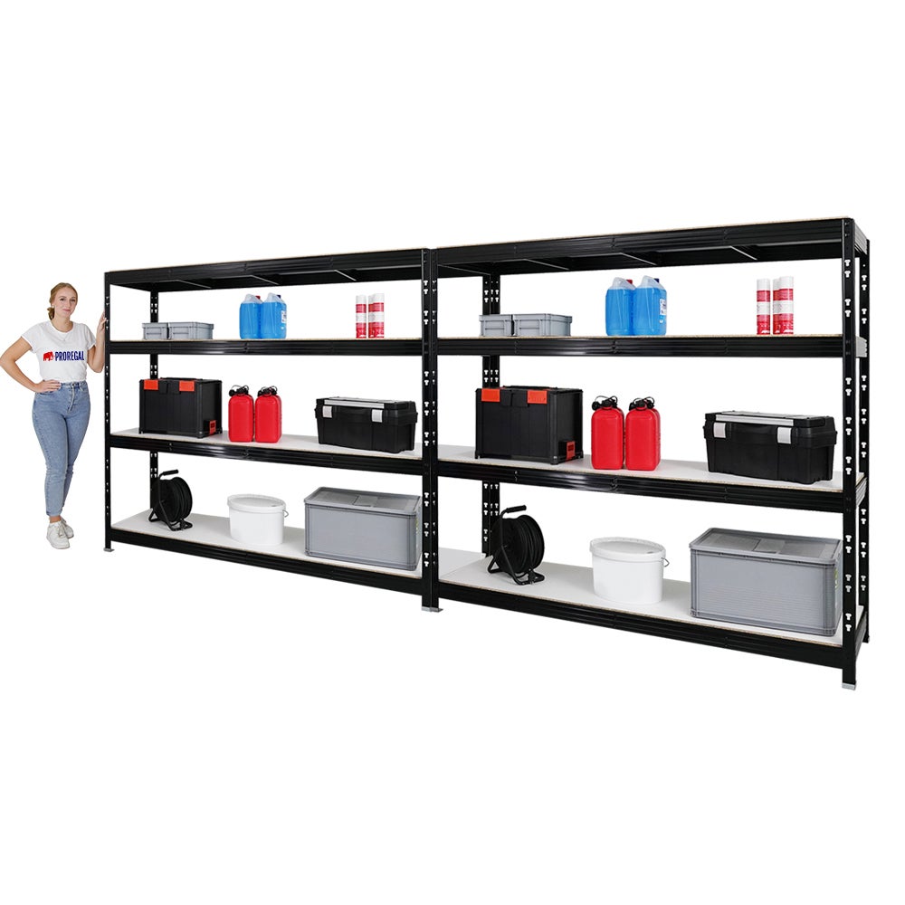 PROREGAL Mega Deal 2x Professionele Heavy-Duty Stellingkast Rhino HxBxD 180 x 200 x 60 cm 4 Melamine Planken 16 mm Plankbelasting 500 kg Zwart
