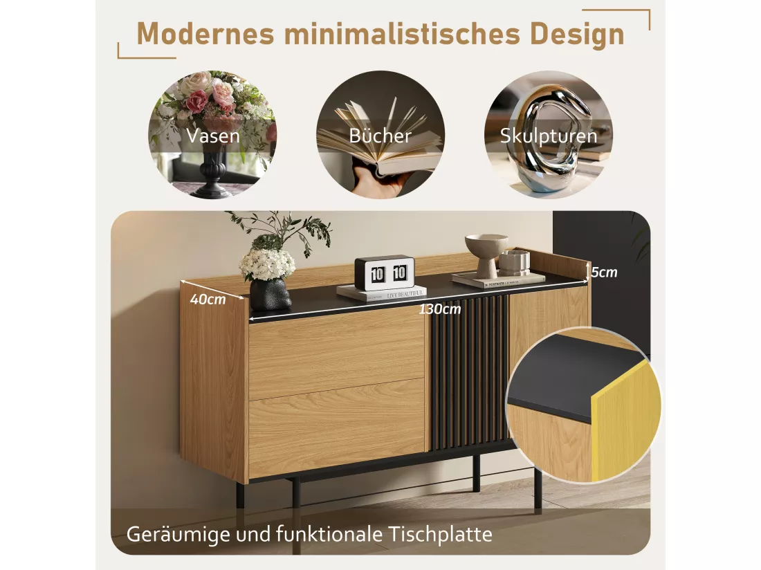 Buffet bas avec 2 tiroirs et 2 portes - 130 x 40 x 80.5 cm - étagère réglable - Bois MDF - Naturel + noir