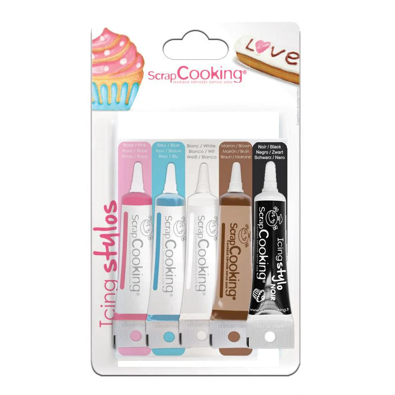 5 stylos de glaçage blanc, rose, bleu, chocolat, noir Scrapcooking