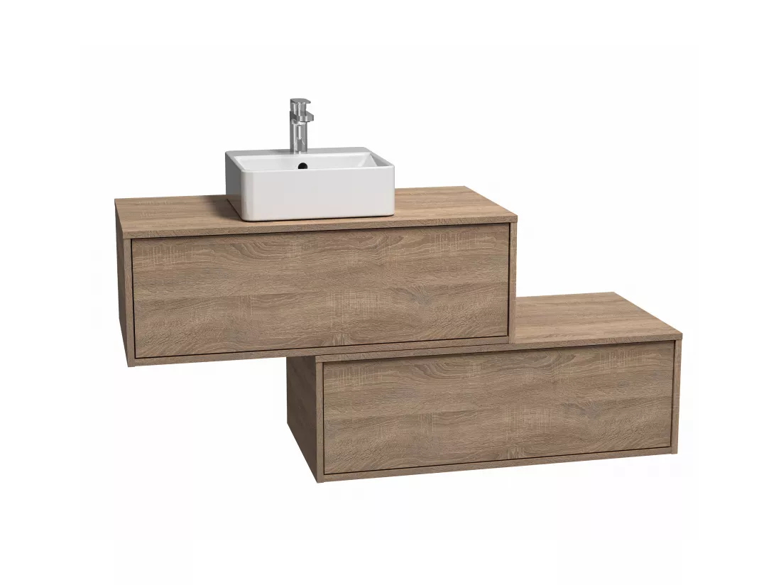 Meuble de salle de bain suspendu naturel clair avec simple vasque carrée et deux tiroirs - 94 cm - TEANA II