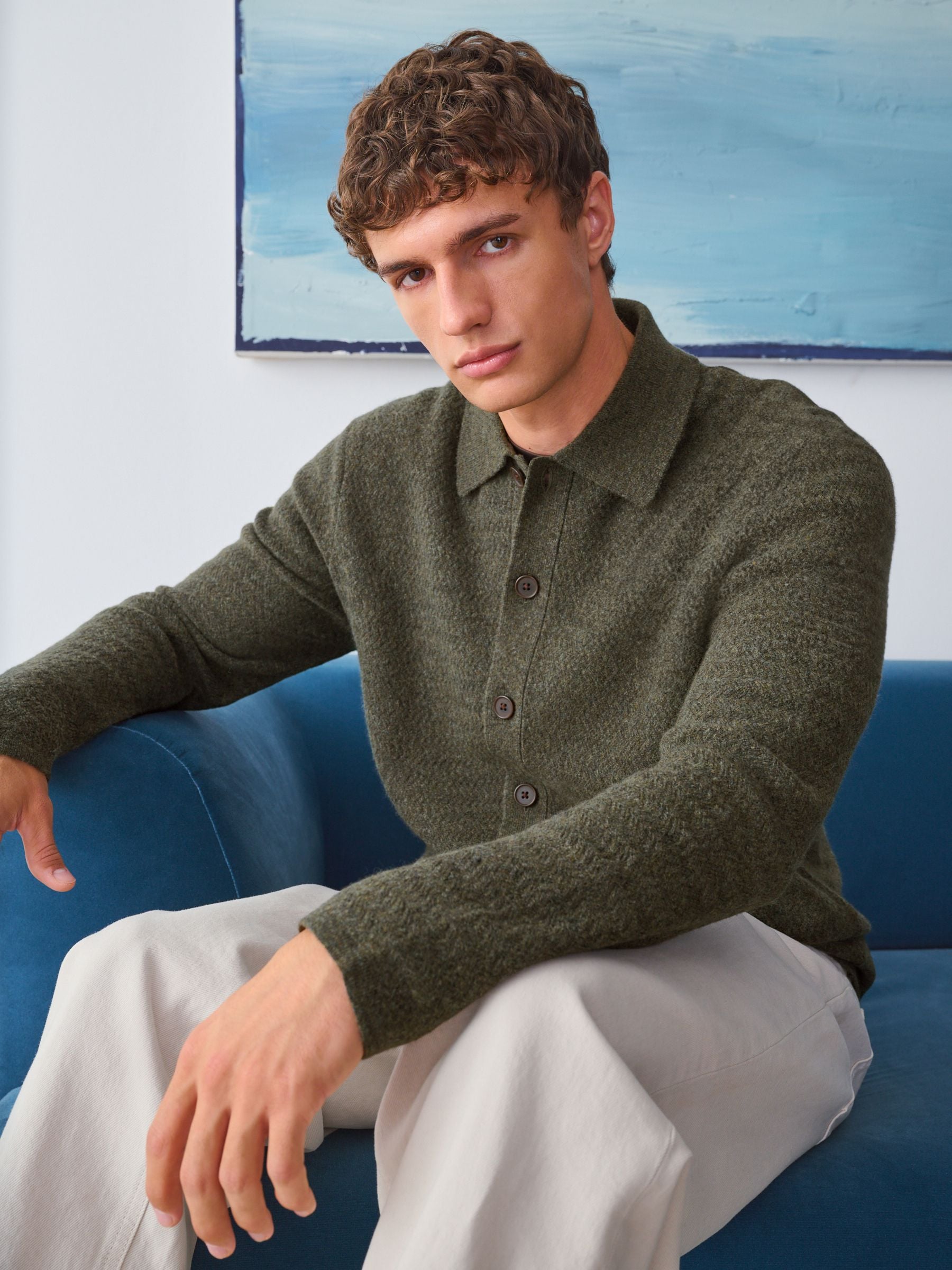Groen - Regular Fit Textured Collared Cardigan with Wool