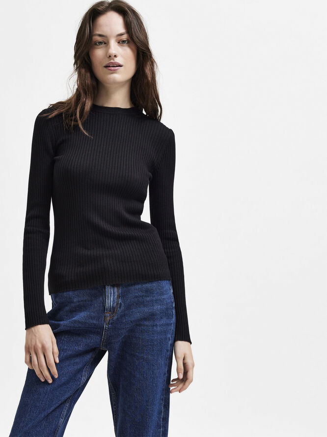 Selected Femme SLFLYDIA NEW RIB LS KNIT O-NECK B Sort